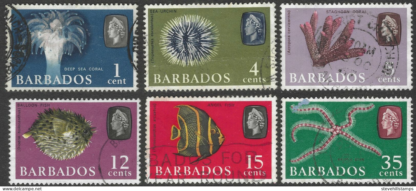 Barbados. 1966-69 Marine Life. Sideways Block CA W/M. 6 Used Values To 35c. SG 342etc. M4095 - Barbados (...-1966)