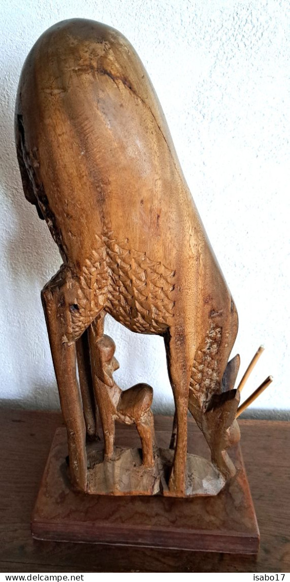 Holz Skulptur - Reh Mit Kitz, Gross Und Schwer, 60er Jahre - Handarbeit - Bois