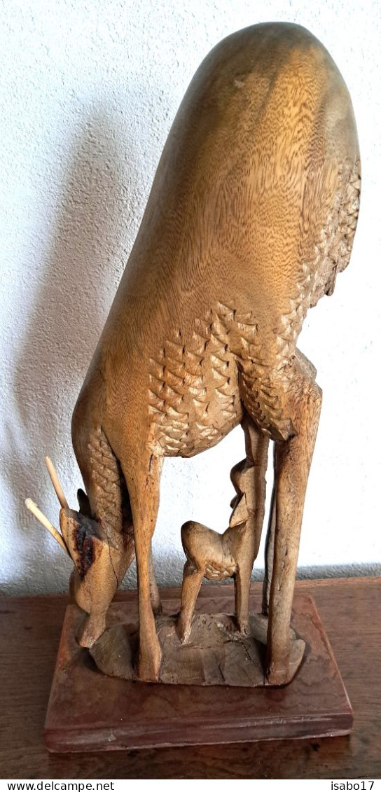 Holz Skulptur - Reh Mit Kitz, Gross Und Schwer, 60er Jahre - Handarbeit - Bois