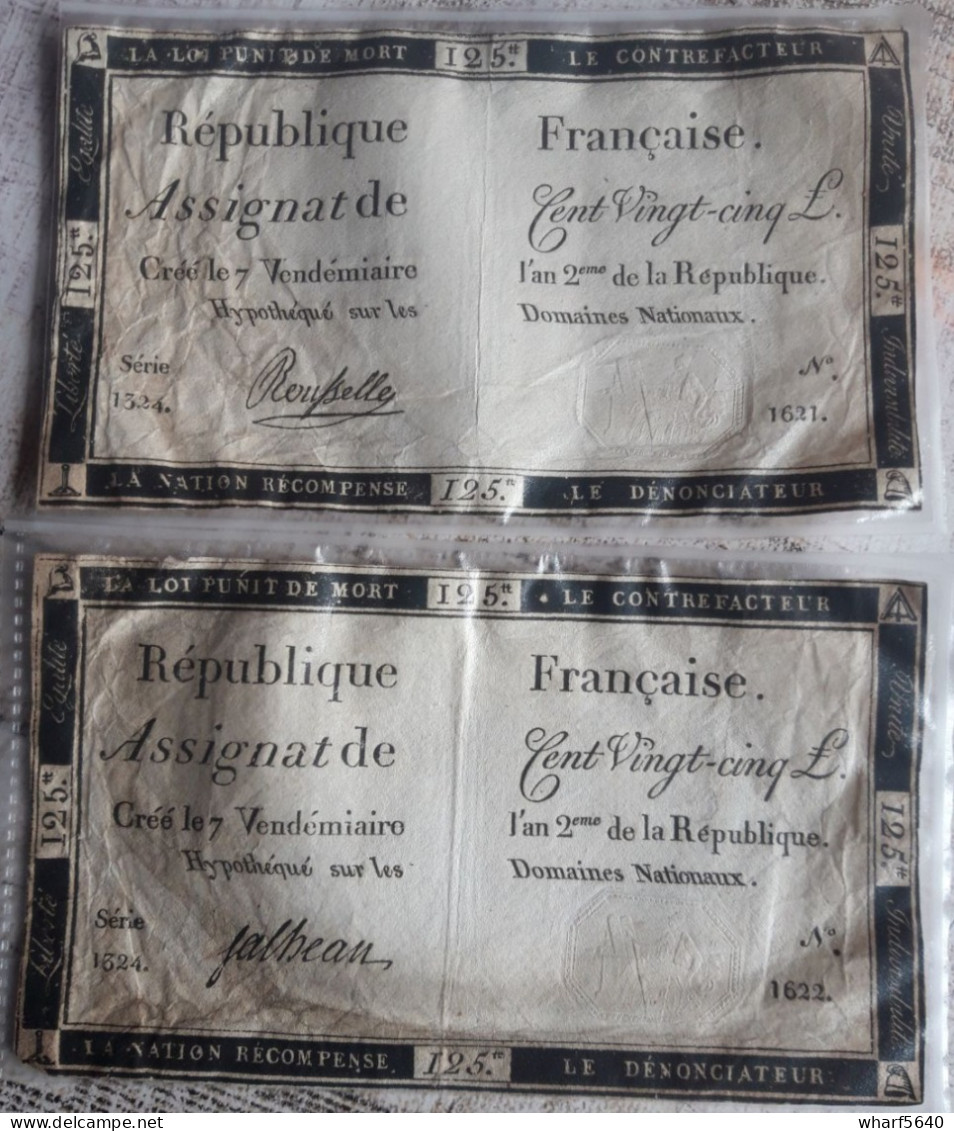 FRANCE  2 Assignats De 125 £ Du 7 Vendémiaire De L'An II ( 28 Sept. 1793 ) Série 1324, N° 1621 Et 1622 - Assegnati