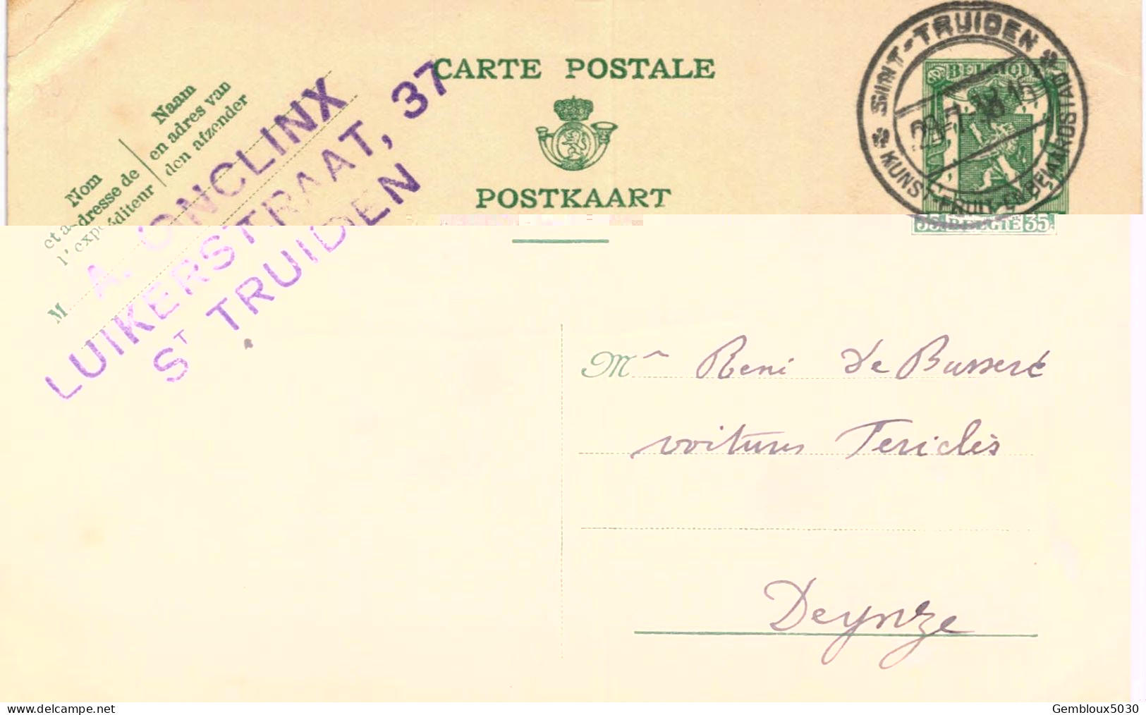 (L01) Entier Postal écrite De St Truiden Vers Deynze - Postkarten 1934-1951