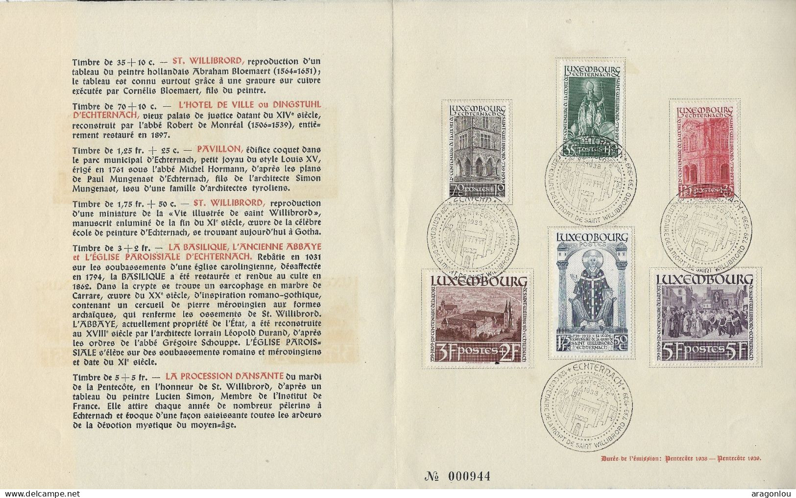 Luxembourg - Luxemburg -  FEUILLET  1938  12e  Centenaire De La Mort De Saint Willibrord - Blocks & Sheetlets & Panes