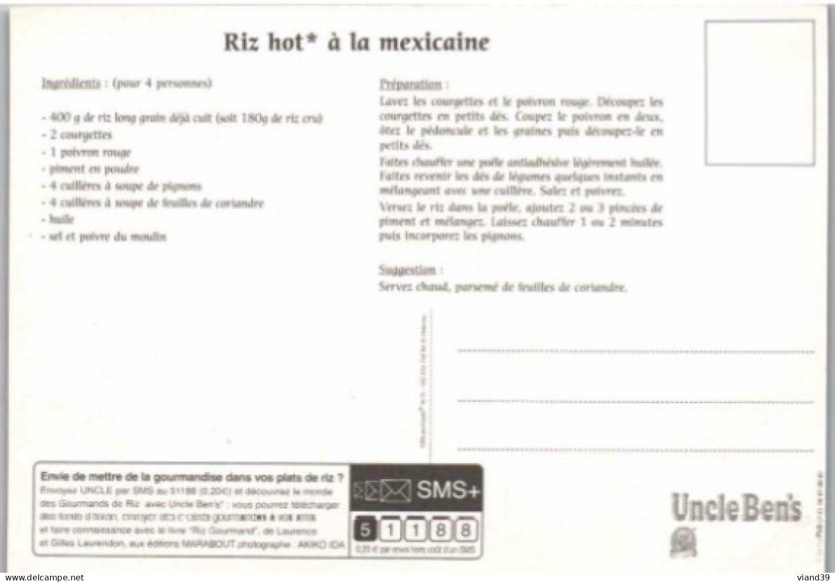 RIZ HOT à La MEXICAINE. Carte Publicitaire Uncle Bens   -   Recettes De Cuisine    - CPM - Voir Scannes Recto-Verso - Recipes (cooking)