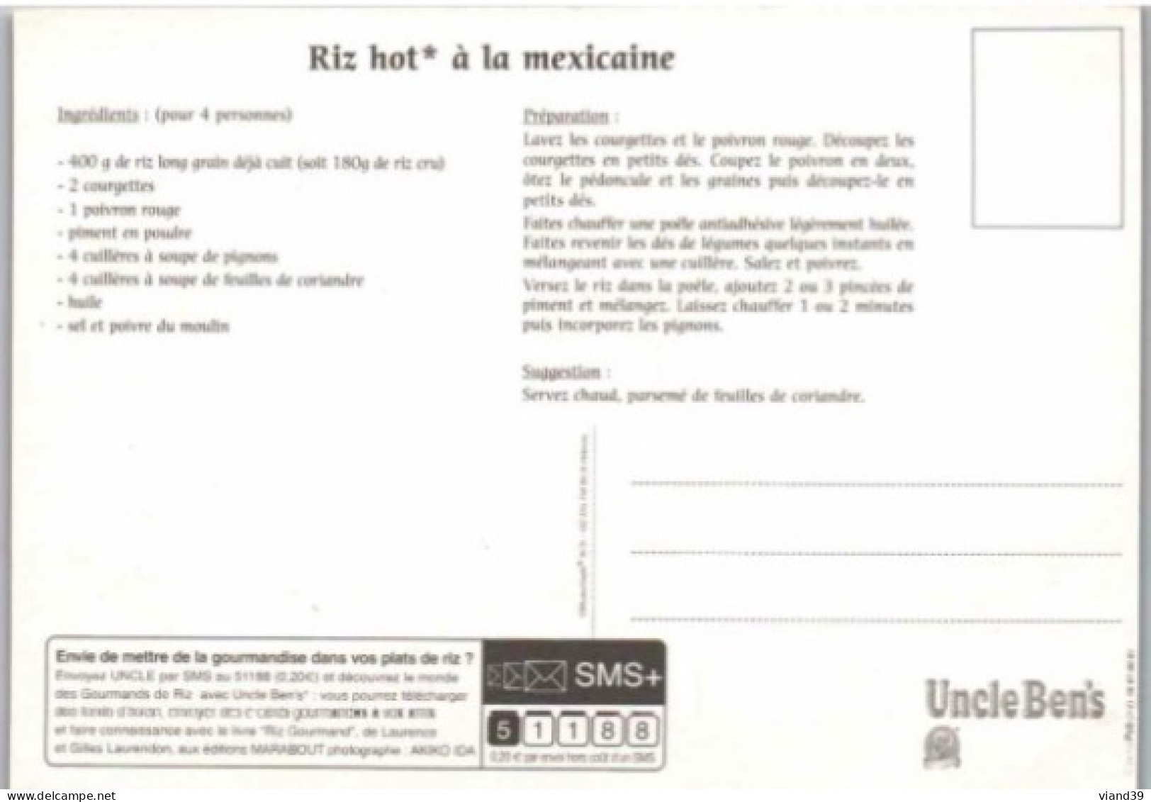 RIZ HOT à La MEXICAINE. Carte Publicitaire Uncle Bens   -   Recettes De Cuisine    - CPM - Voir Scannes Recto-Verso - Recettes (cuisine)