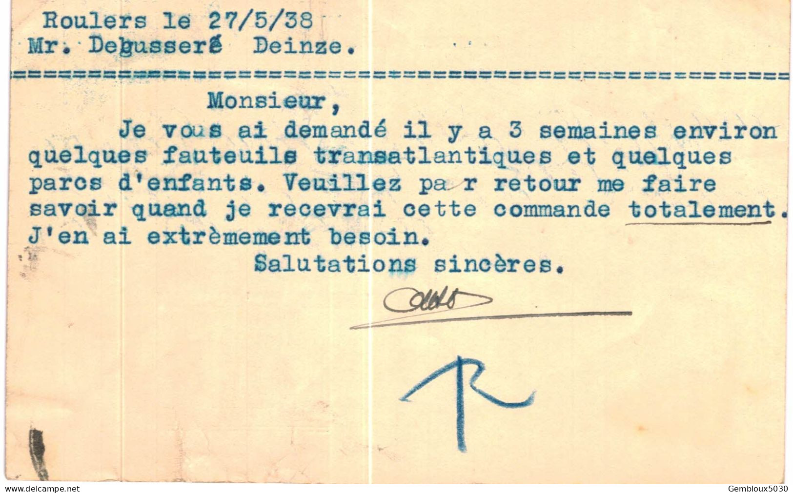 (L01) Entier Postal écrite De Rousselaere Vers Deynze - Briefkaarten 1934-1951