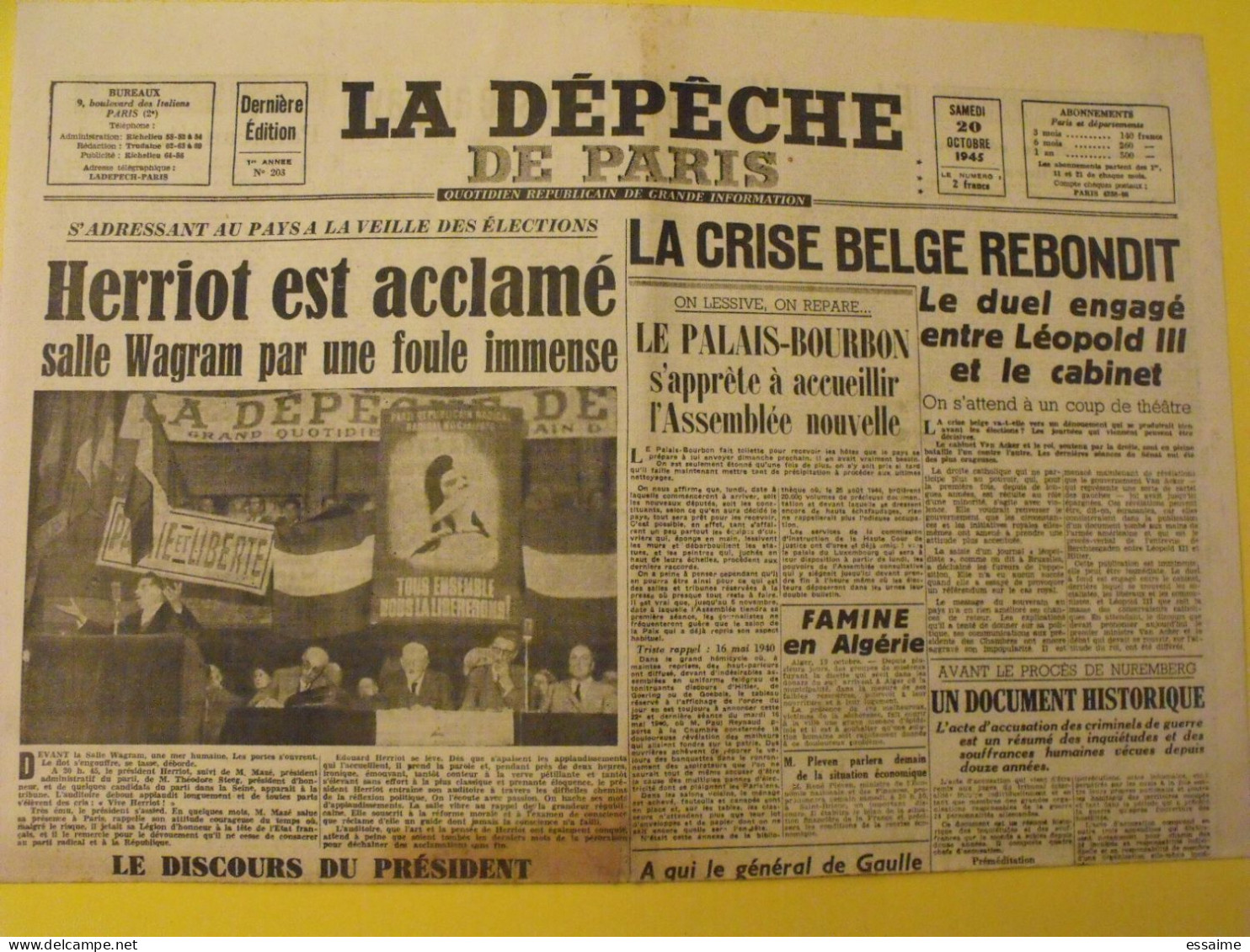 La Dépêche De Paris N° 203 Du 20 Octobre 1945. Herriot Léopold III Nuremberg De Gaulle Retour Déportés - Autres & Non Classés