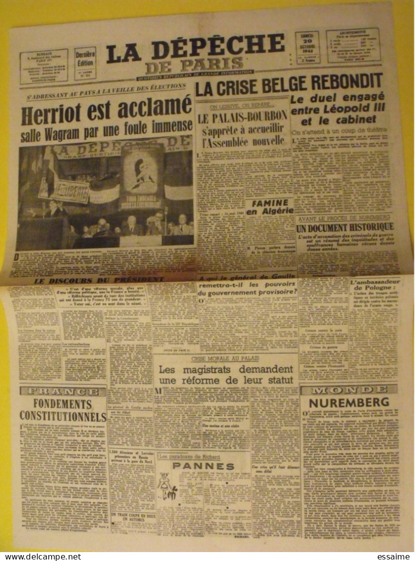 La Dépêche De Paris N° 203 Du 20 Octobre 1945. Herriot Léopold III Nuremberg De Gaulle Retour Déportés - Autres & Non Classés