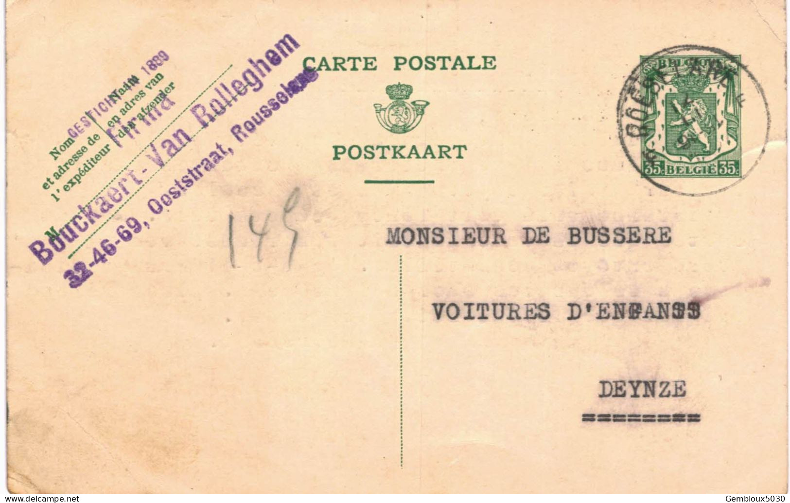 (L01) Entier Postal écrite De Rousselaere Vers Deynze - Postcards 1934-1951