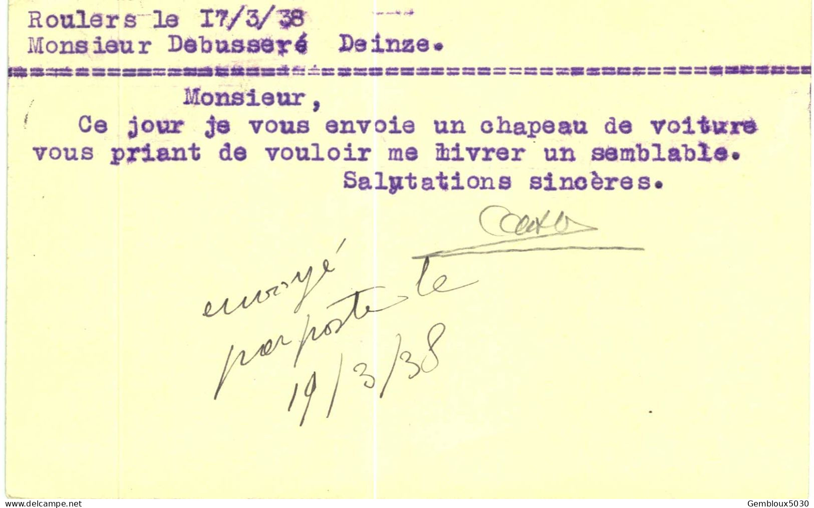 (L01) Entier Postal écrite De Rousselaere Vers Deynze - Postkarten 1934-1951