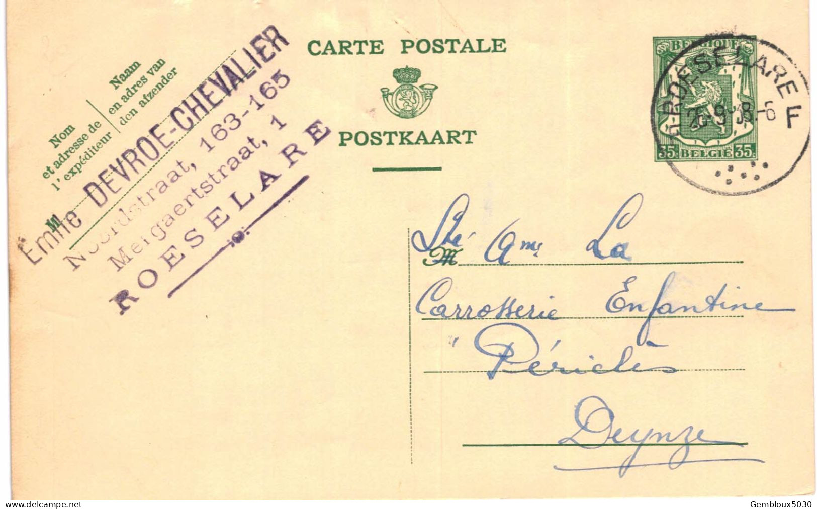 (L01) Entier Postal écrite De Roeselare Vers Deynze - Postcards 1934-1951