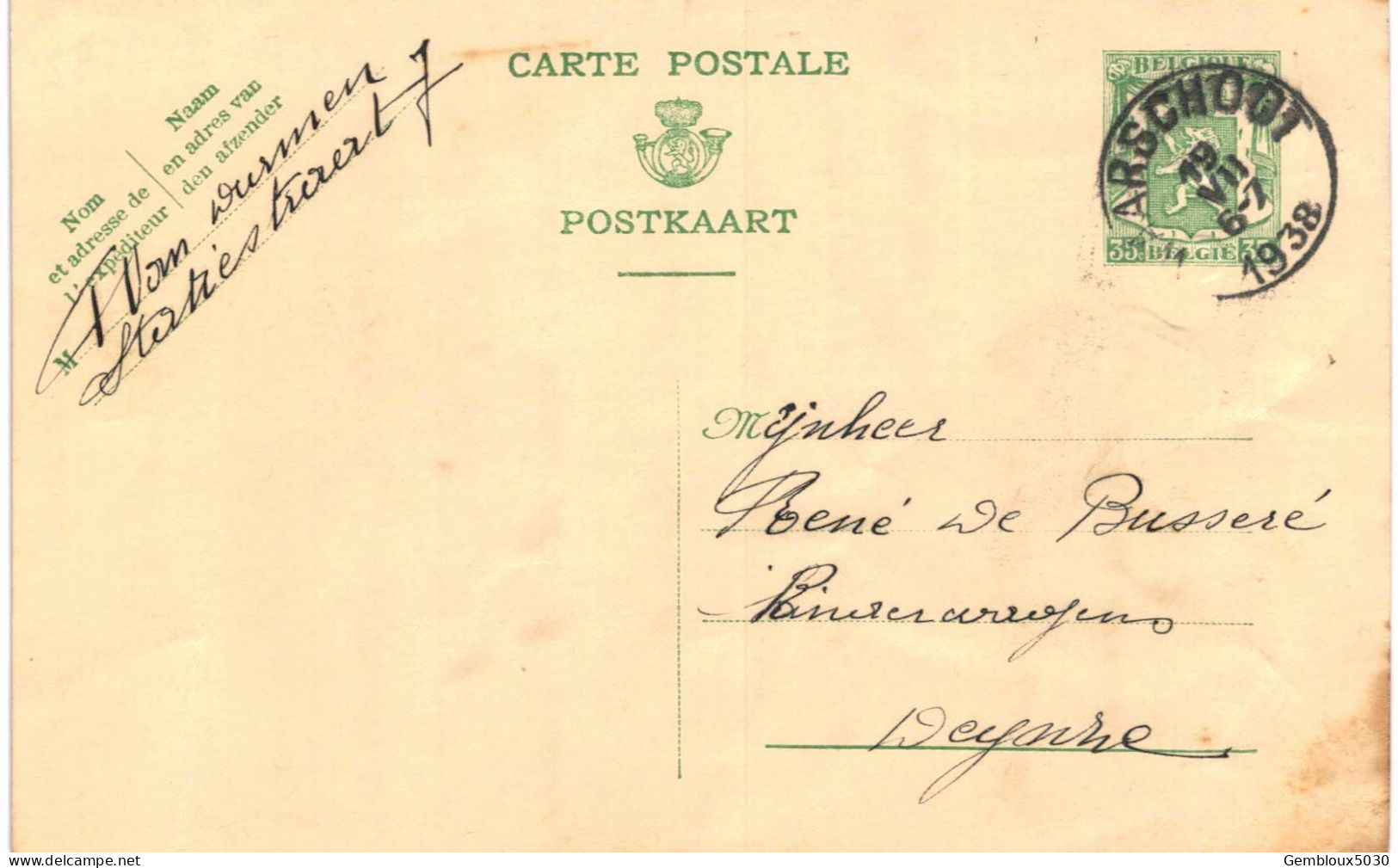 (L01) Entier Postal écrite D'Arschoot Vers Deynze - Postcards 1934-1951