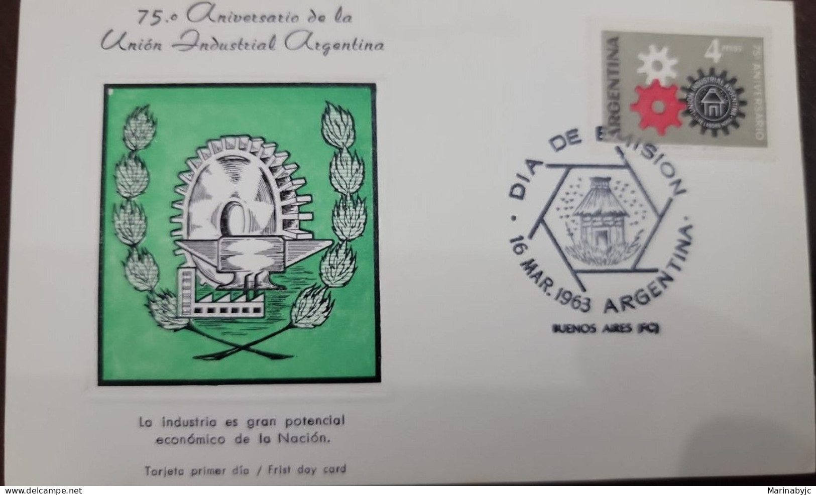 D)1963, ARGENTINA, FIRST DAY COVER, ISSUE, 75TH ANNIVERSARY OF THE NATIONAL UNION OF INDUSTRIES, THE INDUSTRY IS GREAT E - Autres & Non Classés