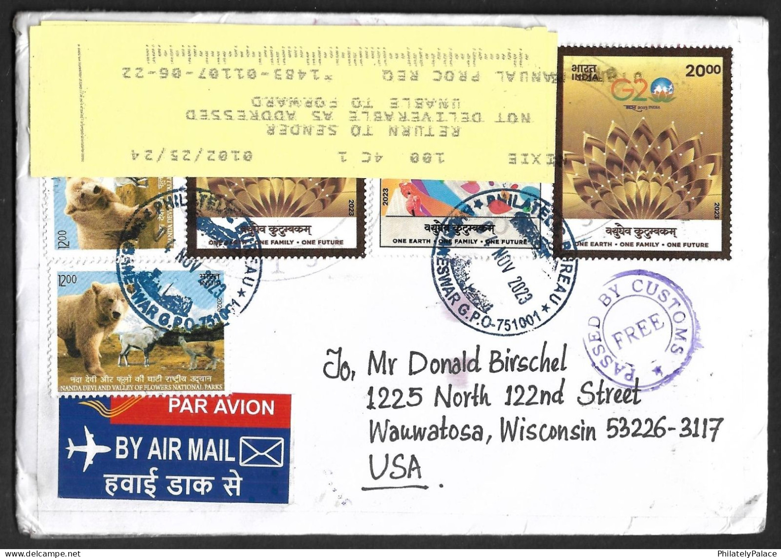 2020-2024 India -USA- India, Undelivered Address, G20,Korea, Mexico, Russia,China, Bear, Goat, Cover (**) Inde Indien - Storia Postale