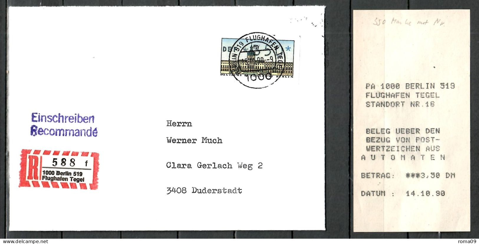 Berlin; ATM: MiNr. 1 (3,50 DM), Auf Portoger. Brief / Einschreiben Von Flugh. Tegel Nach Duderstadt; B-330 - Automatenmarken [ATM]