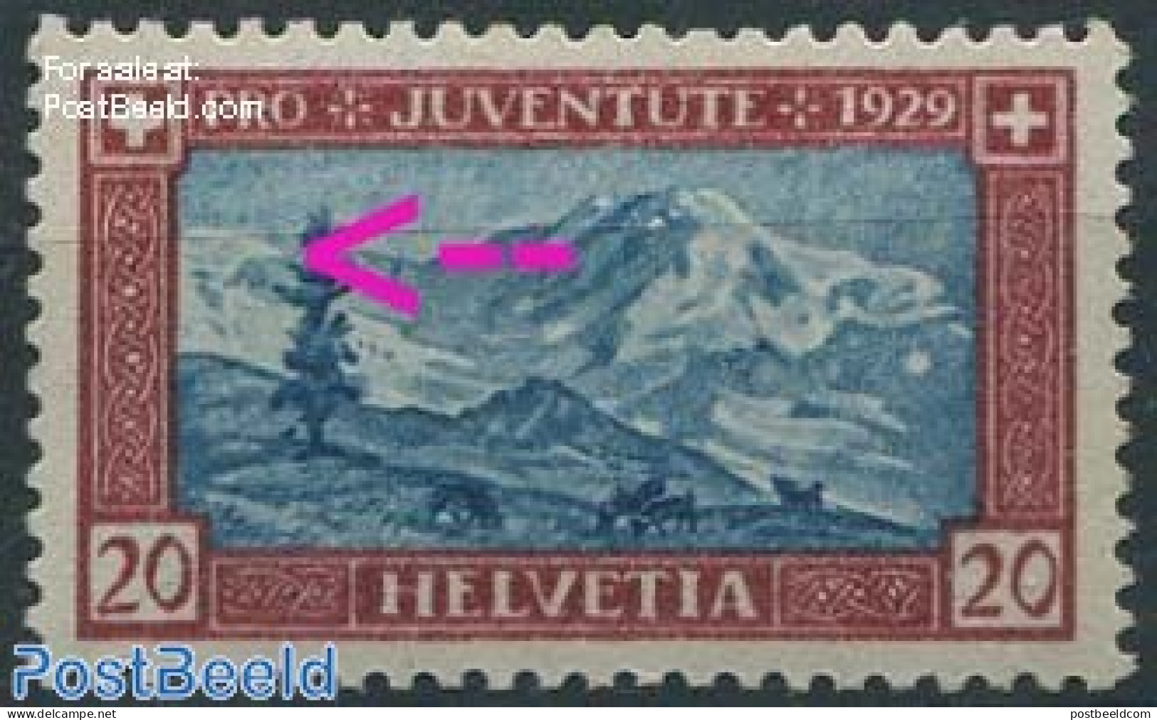 Switzerland 1929 20+5c, Plate Flaw, Repairs In Left Mountains, Mint NH, Various - Errors, Misprints, Plate Flaws - Neufs