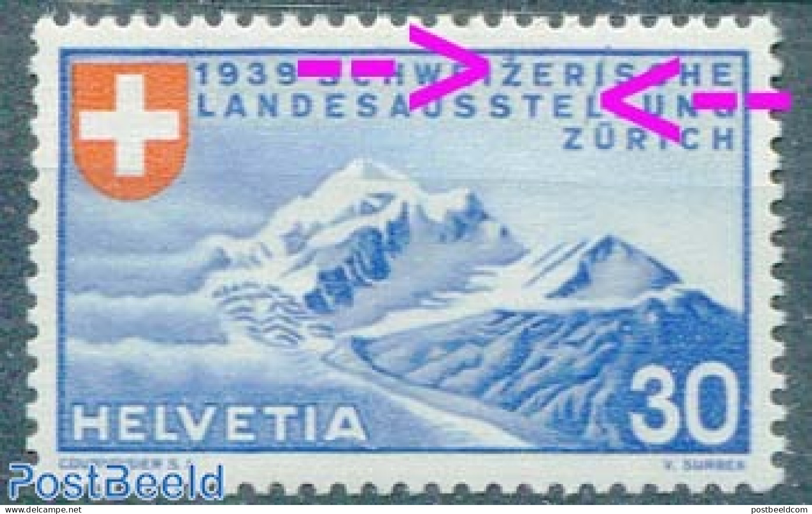 Switzerland 1939 30c, Plate Flaw, Blue Spot Above Z And Blue Line, Mint NH, Various - Errors, Misprints, Plate Flaws - Unused Stamps
