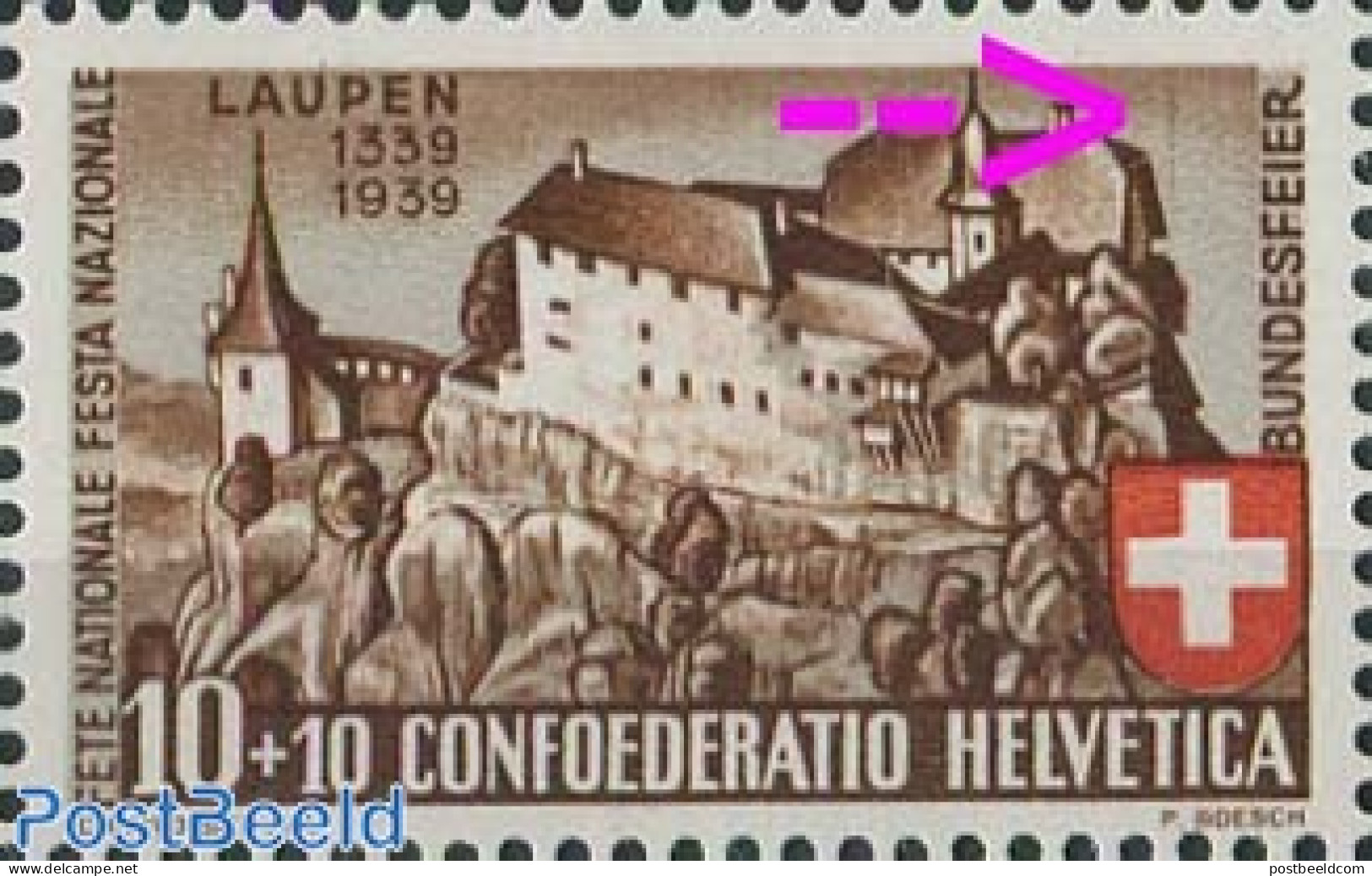 Switzerland 1939 10+10c, Plate Flaw, Vertical Brown Line From Roof, Mint NH, Various - Errors, Misprints, Plate Flaws - Neufs