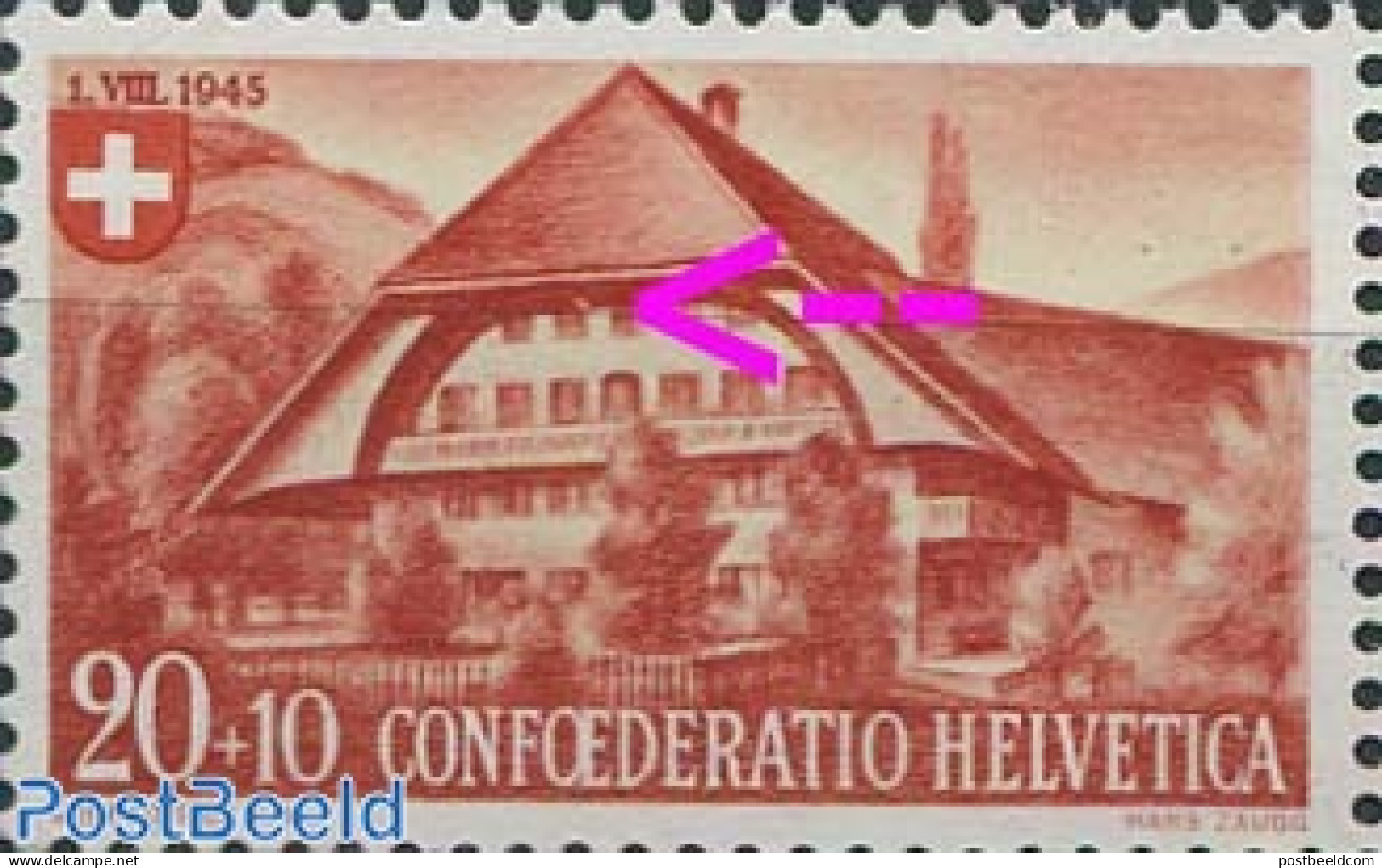 Switzerland 1945 20+10c, Plate Flaw, Spot Above 2nd Window, Mint NH, Various - Errors, Misprints, Plate Flaws - Ongebruikt