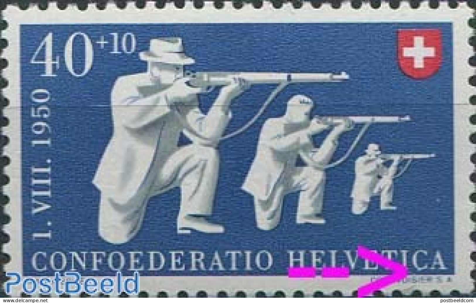 Switzerland 1950 40+10c, Plate Flaw, Cedilla Under C HELVETICA, Mint NH, Sport - Various - Shooting Sports - Errors, M.. - Ungebraucht