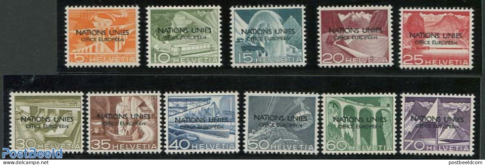 Switzerland 1950 UNO Office 11v, Overprint Variety: Damaged N, Mint NH, Nature - Transport - Various - Water, Dams & F.. - Nuevos