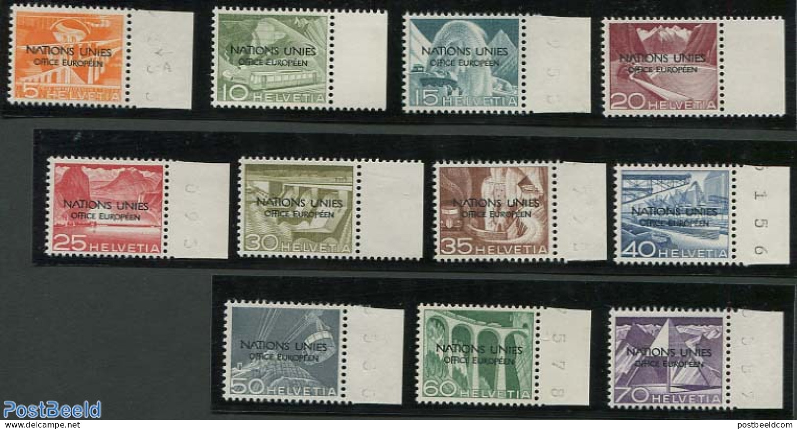 Switzerland 1950 UNO Office 11v, Overprint Variety: Damaged A, Mint NH, Nature - Transport - Various - Water, Dams & F.. - Nuovi