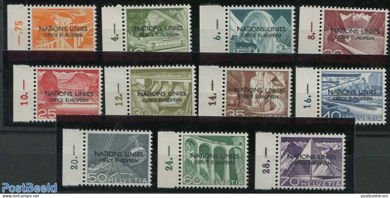 Switzerland 1950 UNO Office 11v, Overprint Variety: EIJROPEEN, Mint NH, Nature - Transport - Various - Water, Dams & F.. - Nuevos