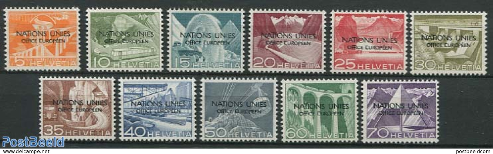 Switzerland 1950 UNO Office 11v, Overprint Variety: CUROPEEN, Mint NH, Nature - Transport - Various - Water, Dams & Fa.. - Unused Stamps