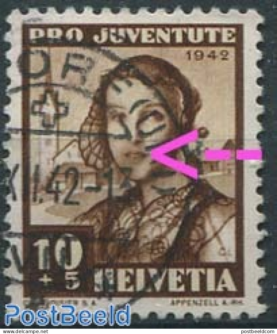 Switzerland 1942 10+5c, Plate Flaw, Brown Spot Around The Mouth, Mint NH, Various - Costumes - Errors, Misprints, Plat.. - Unused Stamps