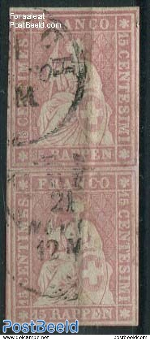 Switzerland 1854 15R Pair. Print Period 1857/60, Used, Carmine Pink, Used Stamps - Oblitérés