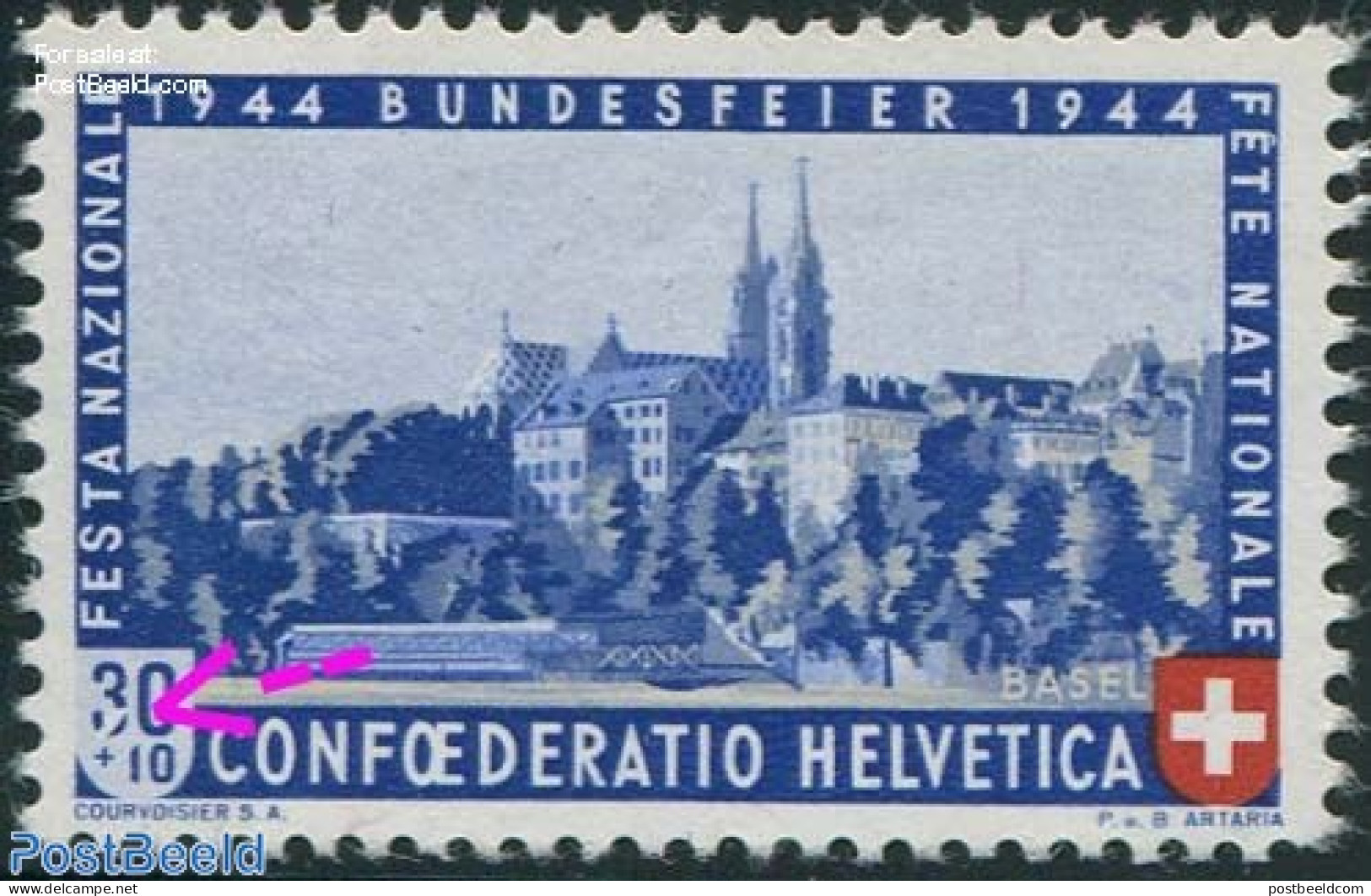 Switzerland 1944 Plate Flaw, 30+10c, White Spot In 3 Of 30+10, Mint NH, Religion - Various - Churches, Temples, Mosque.. - Nuovi