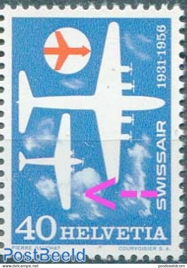 Switzerland 1956 Plate Flaw, 40c, White Spot In Front Of Wing, Mint NH, Transport - Various - Aircraft & Aviation - Er.. - Ongebruikt