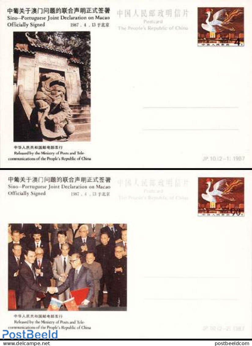 China People’s Republic 1987 Postcard Set, Declaration Of Macau (2 Cards), Unused Postal Stationary, Nature - Birds .. - Covers & Documents