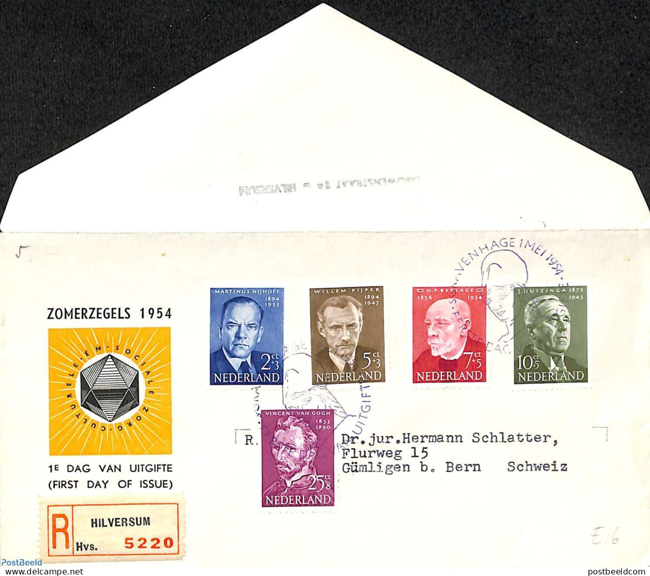 Netherlands 1954 Famous Persons FDC, Open Flap, Typed Address, First Day Cover, Vincent Van Gogh - Lettres & Documents