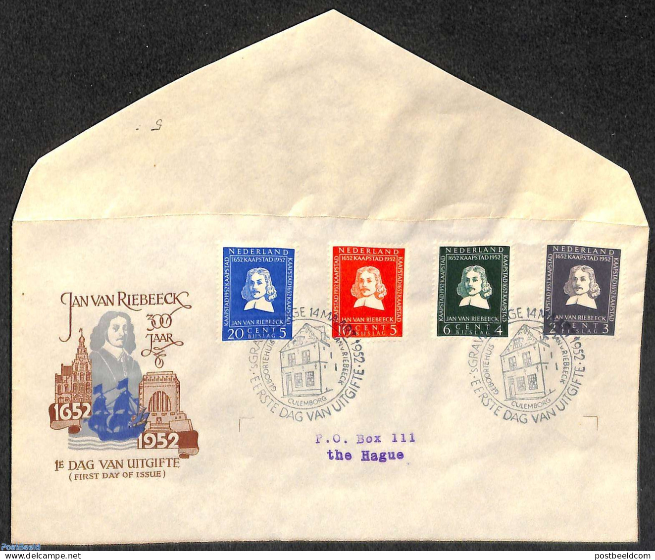 Netherlands 1952 V. Riebeeck FDC, Open Flap, Typed Address, First Day Cover - Lettres & Documents