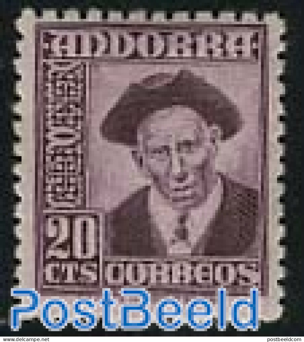 Andorra, Spanish Post 1948 20cts, Stamp Out Of Set, Mint NH, History - Ungebraucht