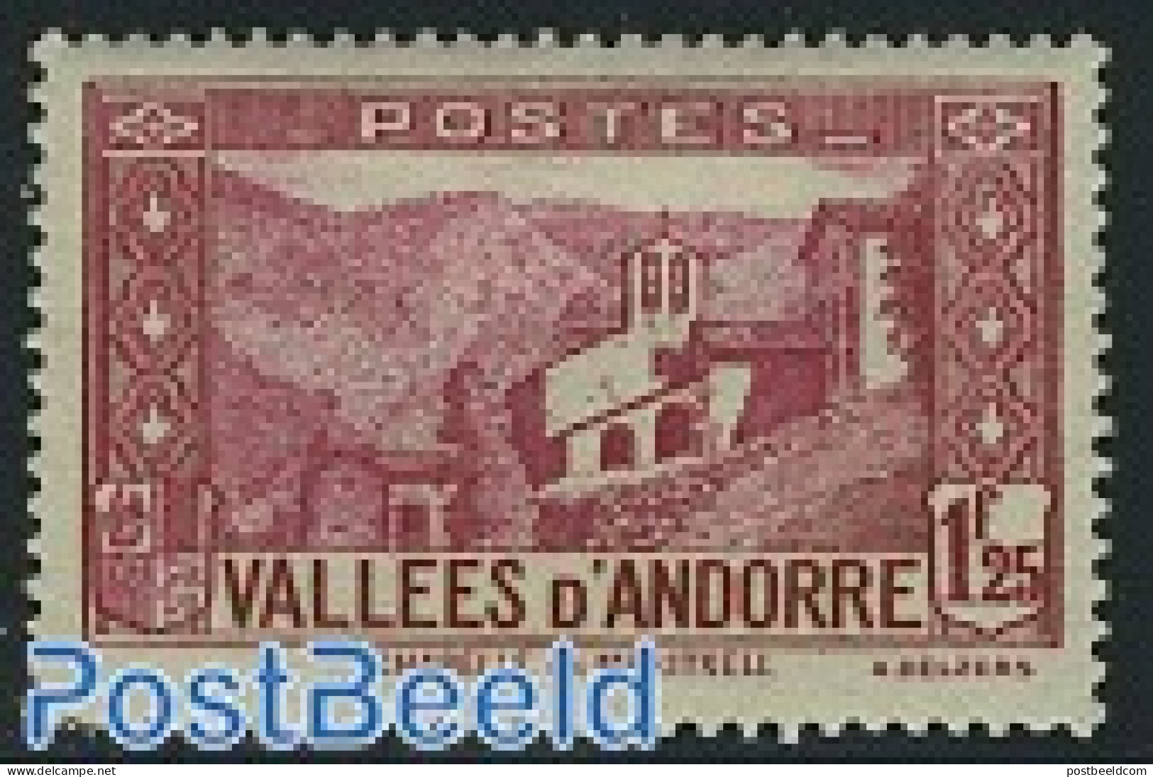 Andorra, French Post 1933 1.25F, Stamp Out Of Set, Unused (hinged), Religion - Churches, Temples, Mosques, Synagogues - Nuevos