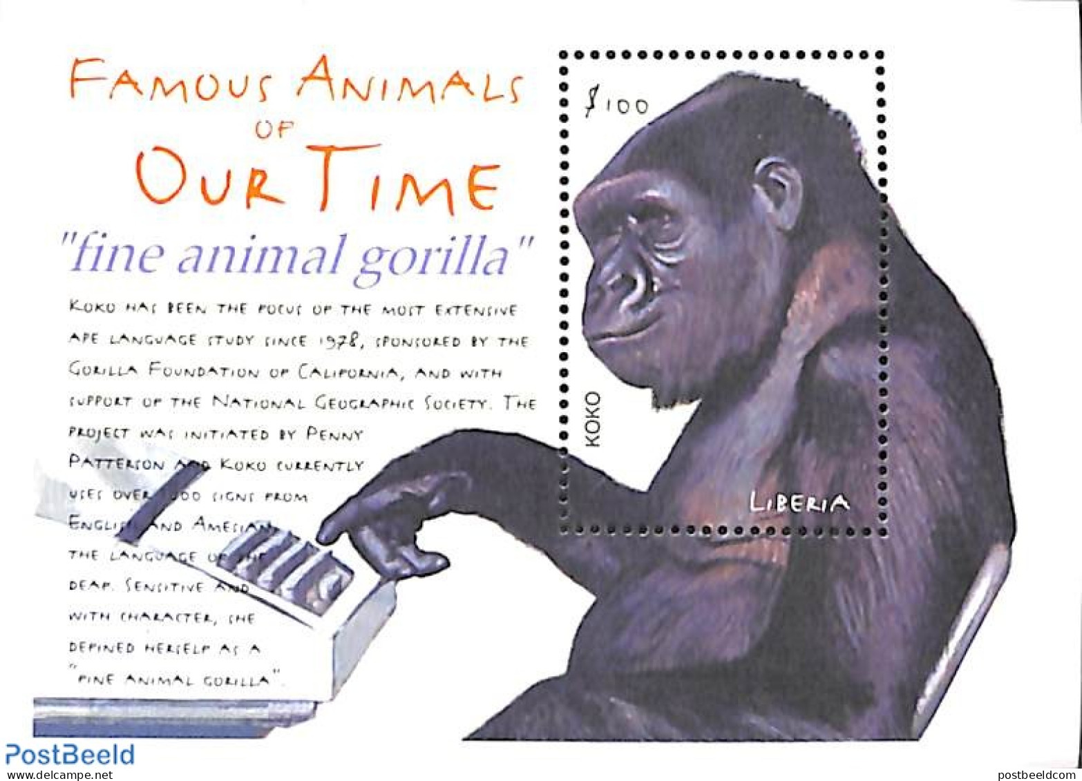 Liberia 2001 Famous Animals S/s, Koko, Mint NH, Nature - Performance Art - Animals (others & Mixed) - Monkeys - Film - Cinema