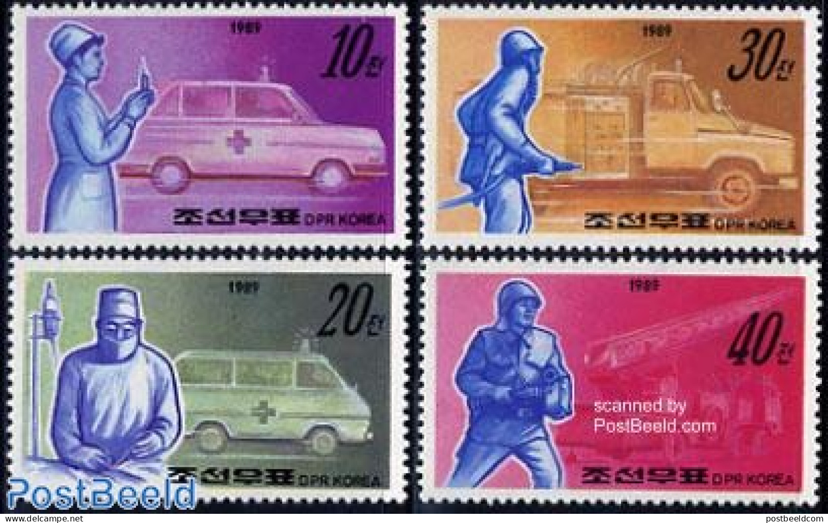 Korea, North 1989 Public Services 4v, Mint NH, Health - Transport - Health - Automobiles - Fire Fighters & Prevention - Auto's