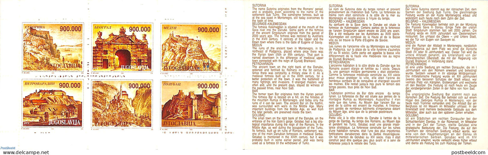 Yugoslavia 1993 Fortresses 6v In Booklet, Mint NH, Stamp Booklets - Art - Castles & Fortifications - Nuevos