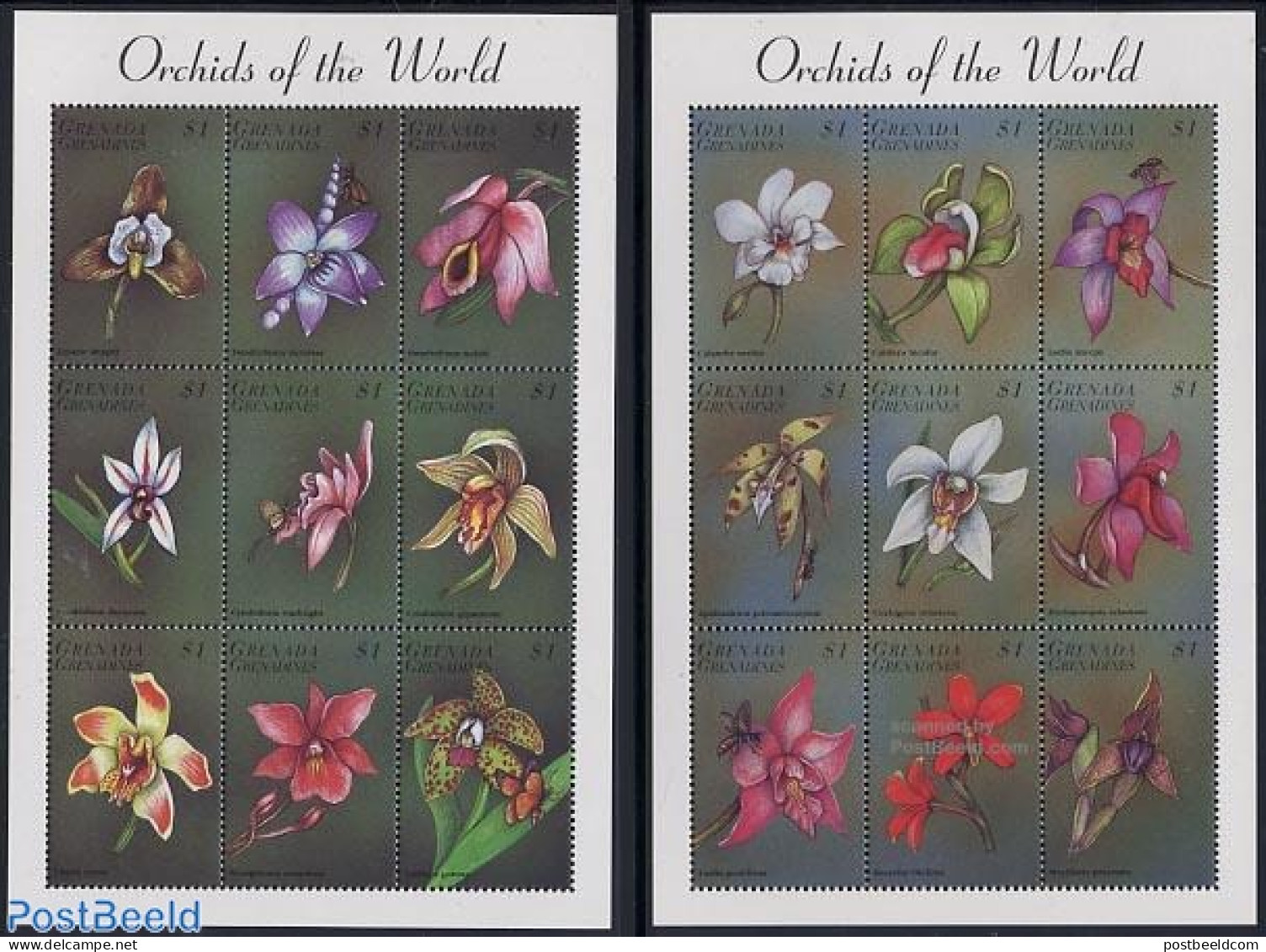 Grenada Grenadines 1998 Orchids 18v (2 M/s), Mint NH, Nature - Flowers & Plants - Orchids - Grenada (1974-...)
