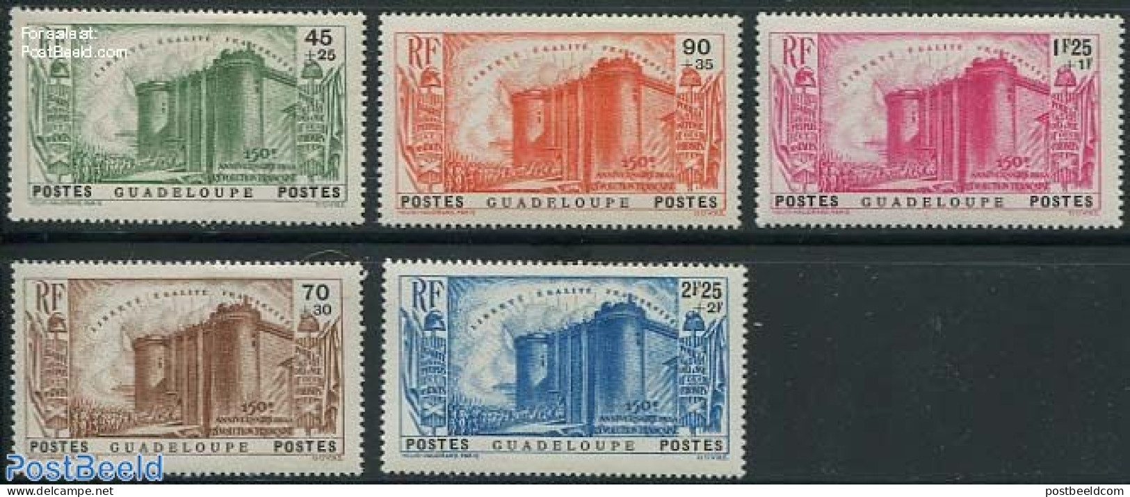 Guadeloupe 1939 150 Years French Revolution 5v, Unused (hinged), History - History - Art - Castles & Fortifications - Nuevos