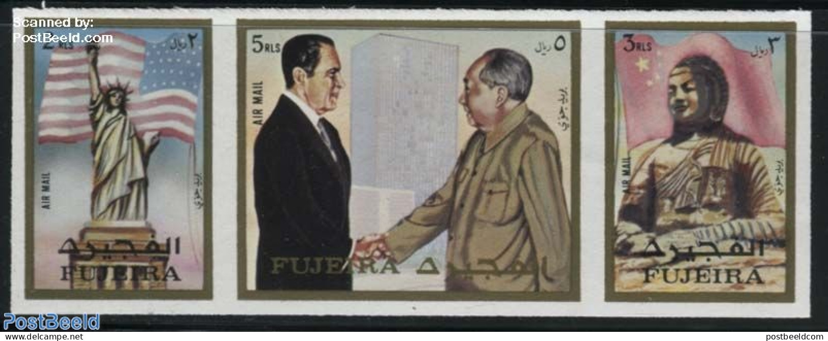 Fujeira 1972 Nixon Visit To China 3v [::], Imperforated, Mint NH, History - Flags - Politicians - Fudschaira