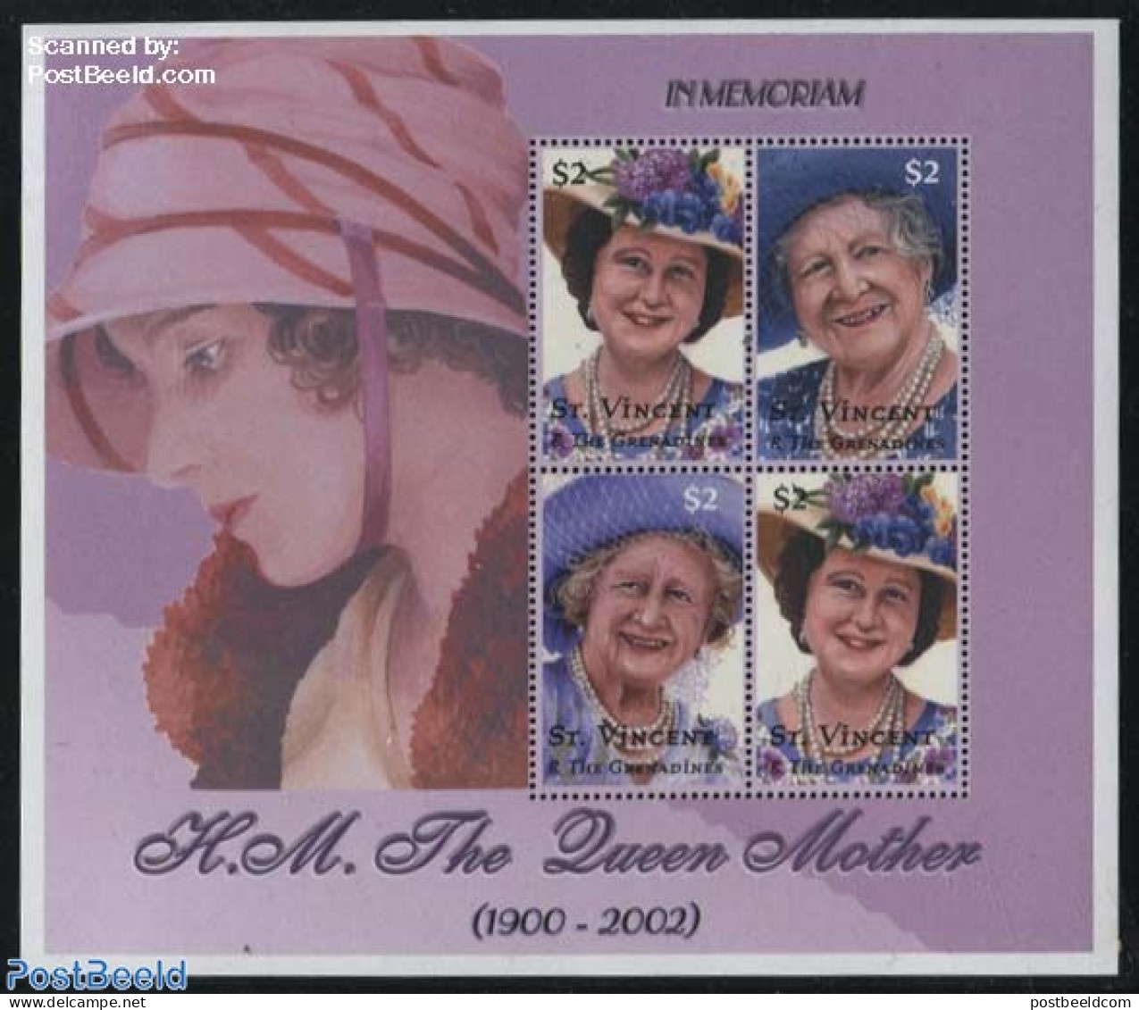 Saint Vincent 2002 Queen Mother 3v M/s, Mint NH, History - St.Vincent (1979-...)