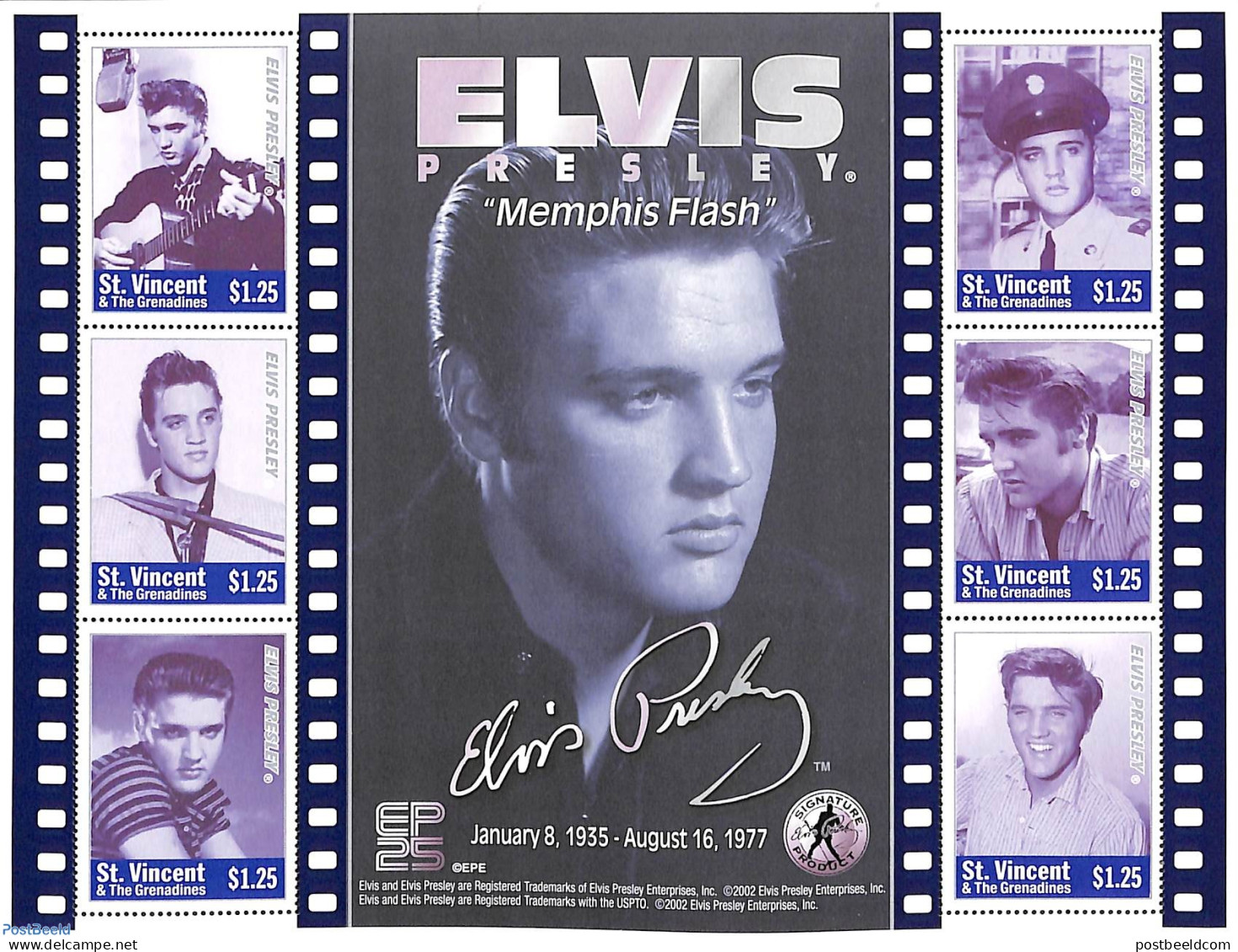 Saint Vincent 2002 Elvis Presley 6v M/s, Mint NH, Performance Art - Elvis Presley - Music - Popular Music - Elvis Presley