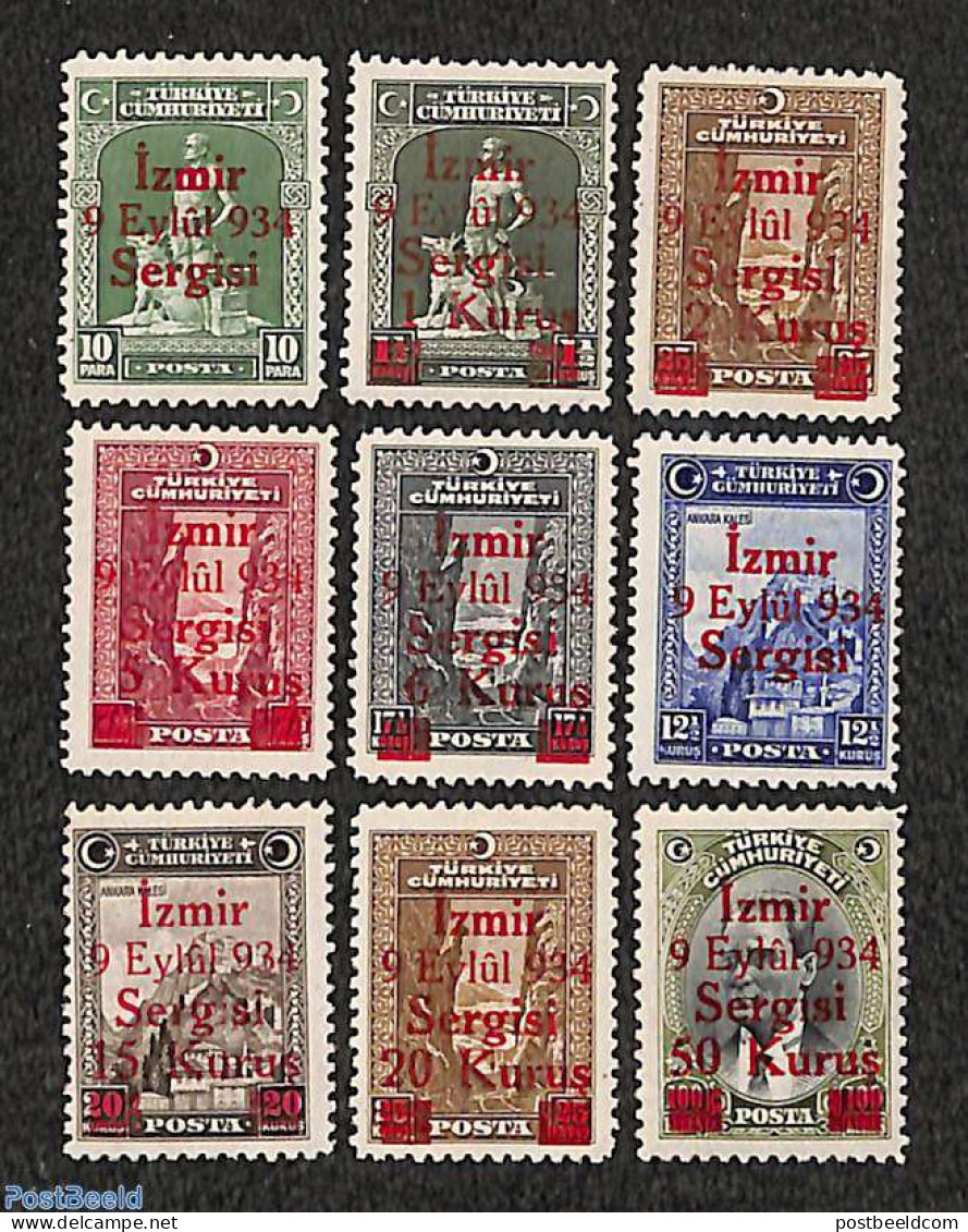 Türkiye 1934 Izmir Fair Overprints 9v, Mint NH, Nature - Transport - Animals (others & Mixed) - Railways - Autres & Non Classés