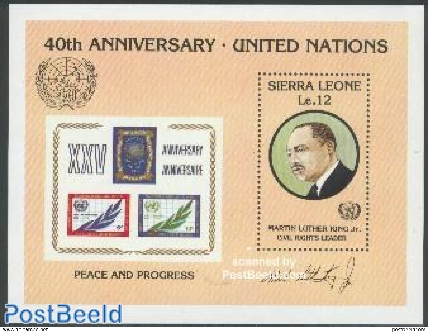 Sierra Leone 1985 40 Years UNO S/s, Mint NH, History - Nobel Prize Winners - United Nations - Stamps On Stamps - Nobel Prize Laureates