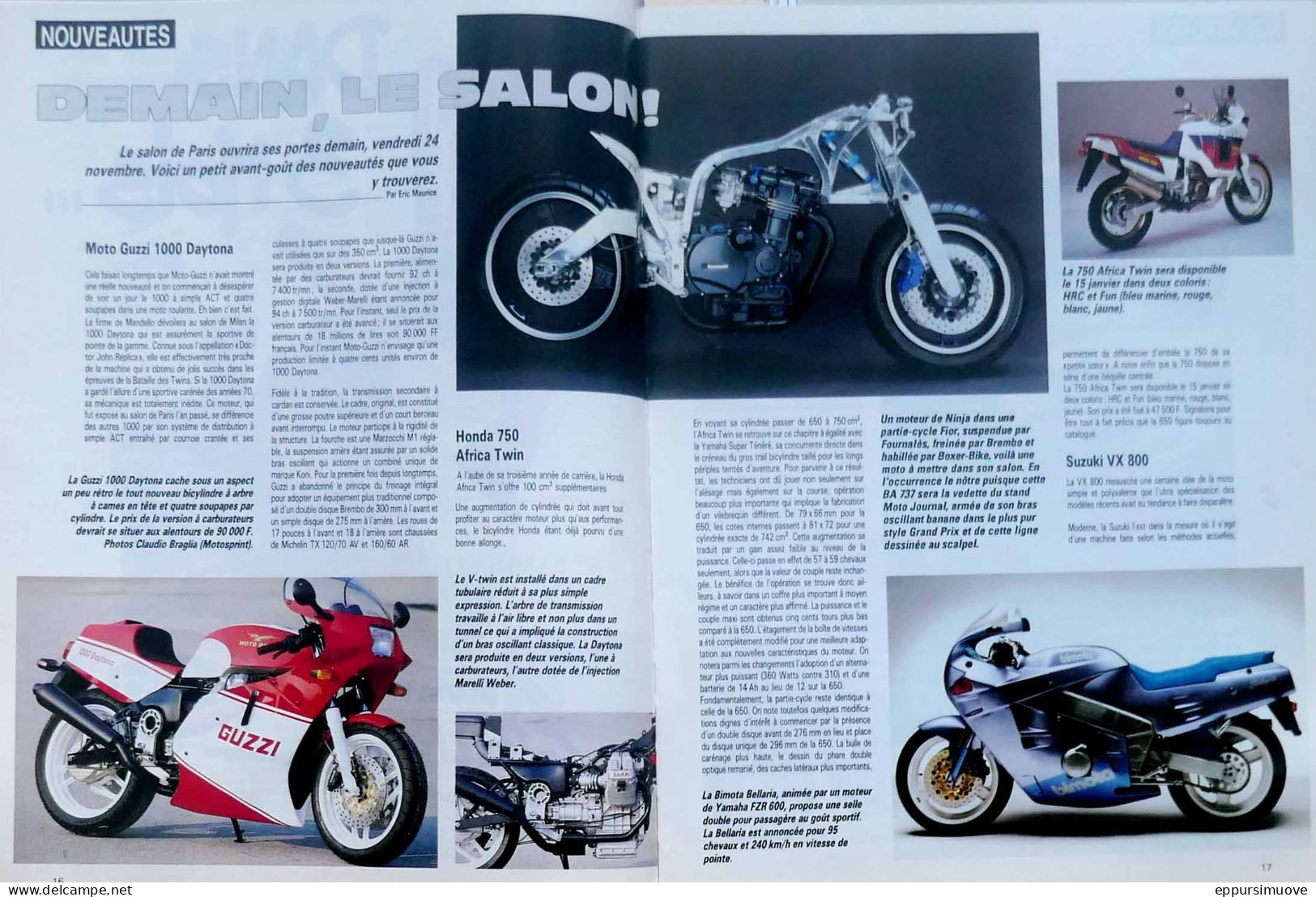 Article Papier 3 Pages SALON PARIS MOTO GUZZI 1000 DAYTONA SUZUKI VX 800 HONDA 750 AFRICA TWIN  Novembre 1989 MJFL - Sin Clasificación