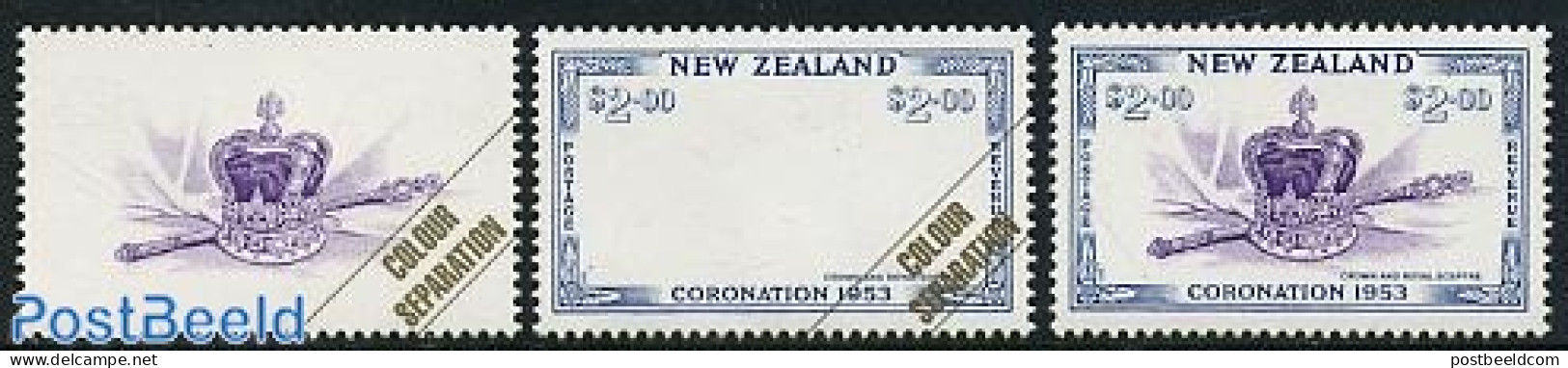 New Zealand 2003 Golden Coronation Colour Separation 2v+final Stamp, Mint NH, History - Kings & Queens (Royalty) - Ongebruikt