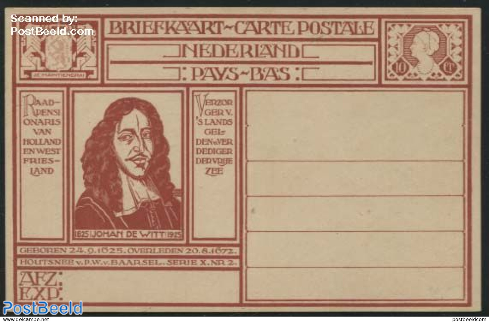 Netherlands 1926 Postcard 10c, Johan De Witt, Unused Postal Stationary - Briefe U. Dokumente