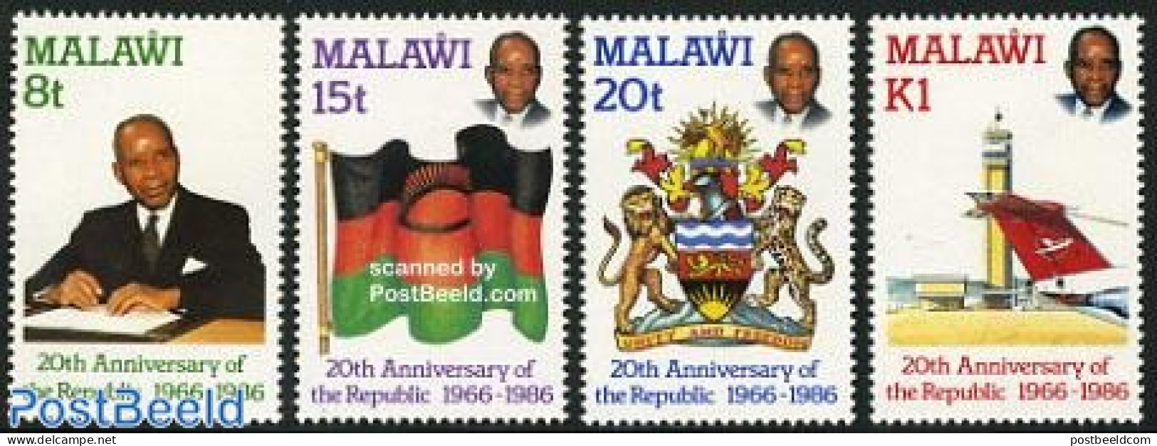 Malawi 1986 Republic 20th Anniversary 4v, Mint NH, History - Transport - Coat Of Arms - Flags - Aircraft & Aviation - Vliegtuigen